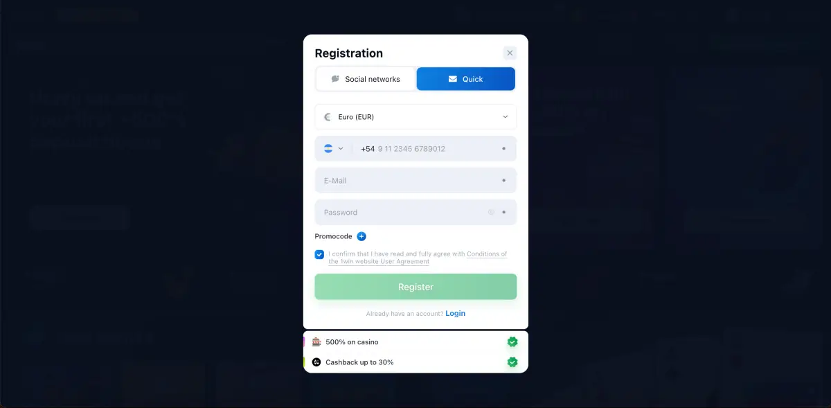 Interfaccia di registrazione 1win per iniziare il gioco crash Knife Drop