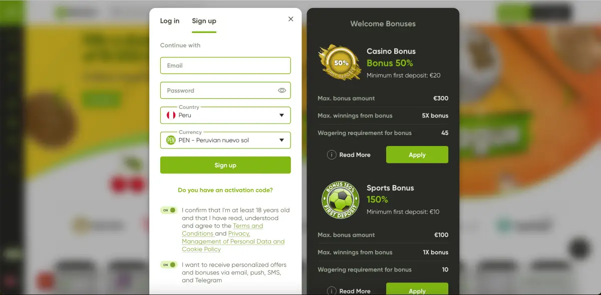 Modulo di registrazione su Fresh casino per Knife Drop