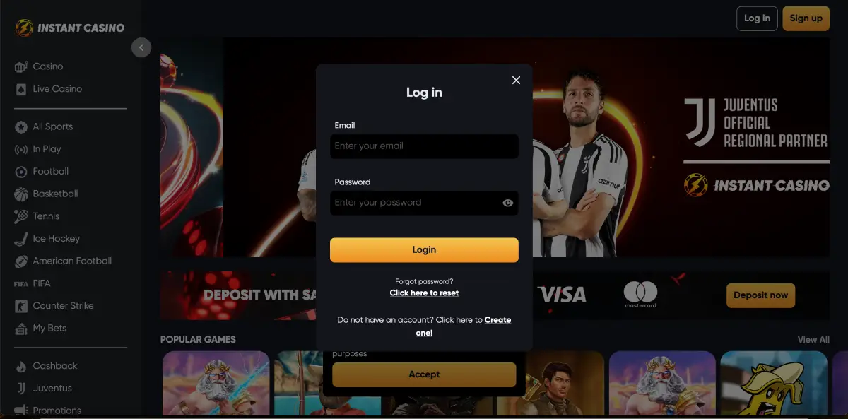 Login-Bildschirm von Instant casino Knife Drop mit Juventus-Branding