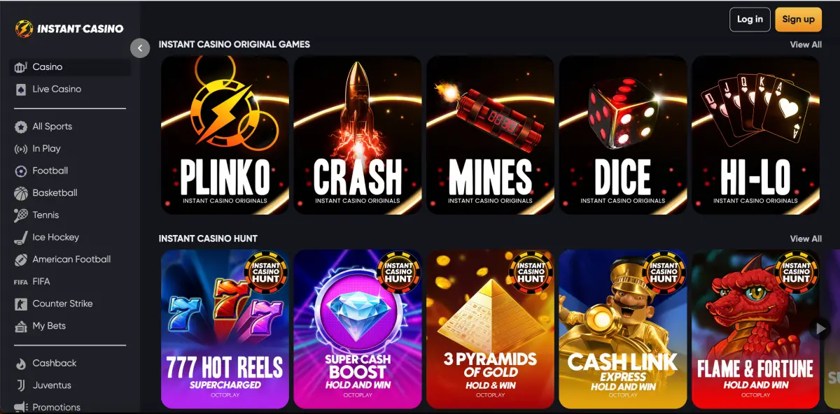 Instant casino Originals Bereich mit Knife Drop und anderen Spielen