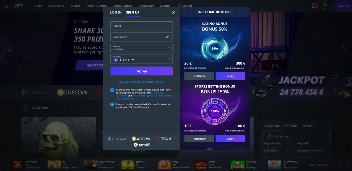 Schermata registrazione e bonus di benvenuto su Jet casino Knife Drop
