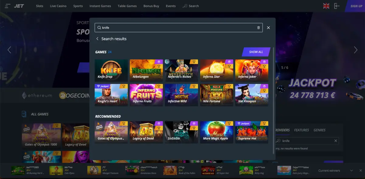 Risultato ricerca gioco Knife Drop su Jet casino