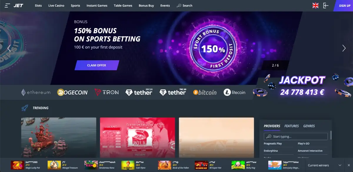 Homepage Jet casino con bonus sportivo 150% e opzioni di pagamento crypto