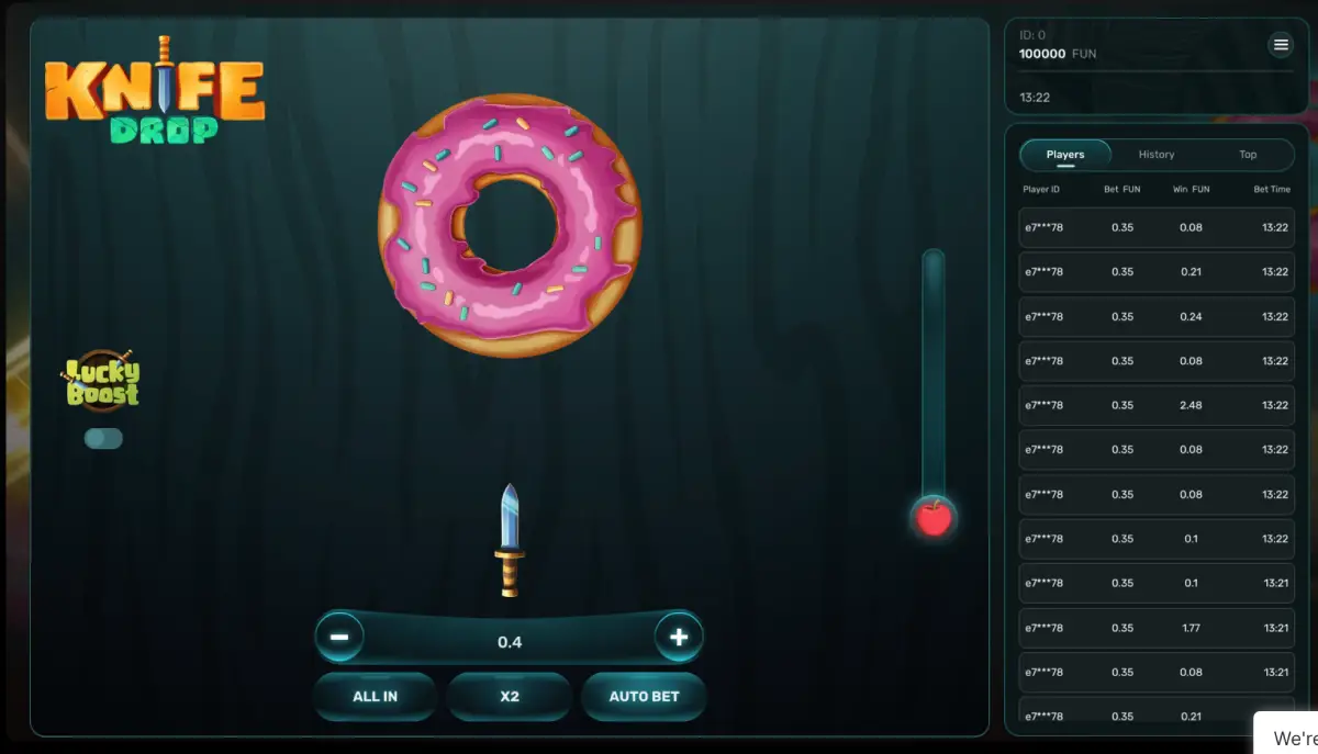 Interfaccia del gioco Knife Drop di Galaxsys con scommessa in denaro